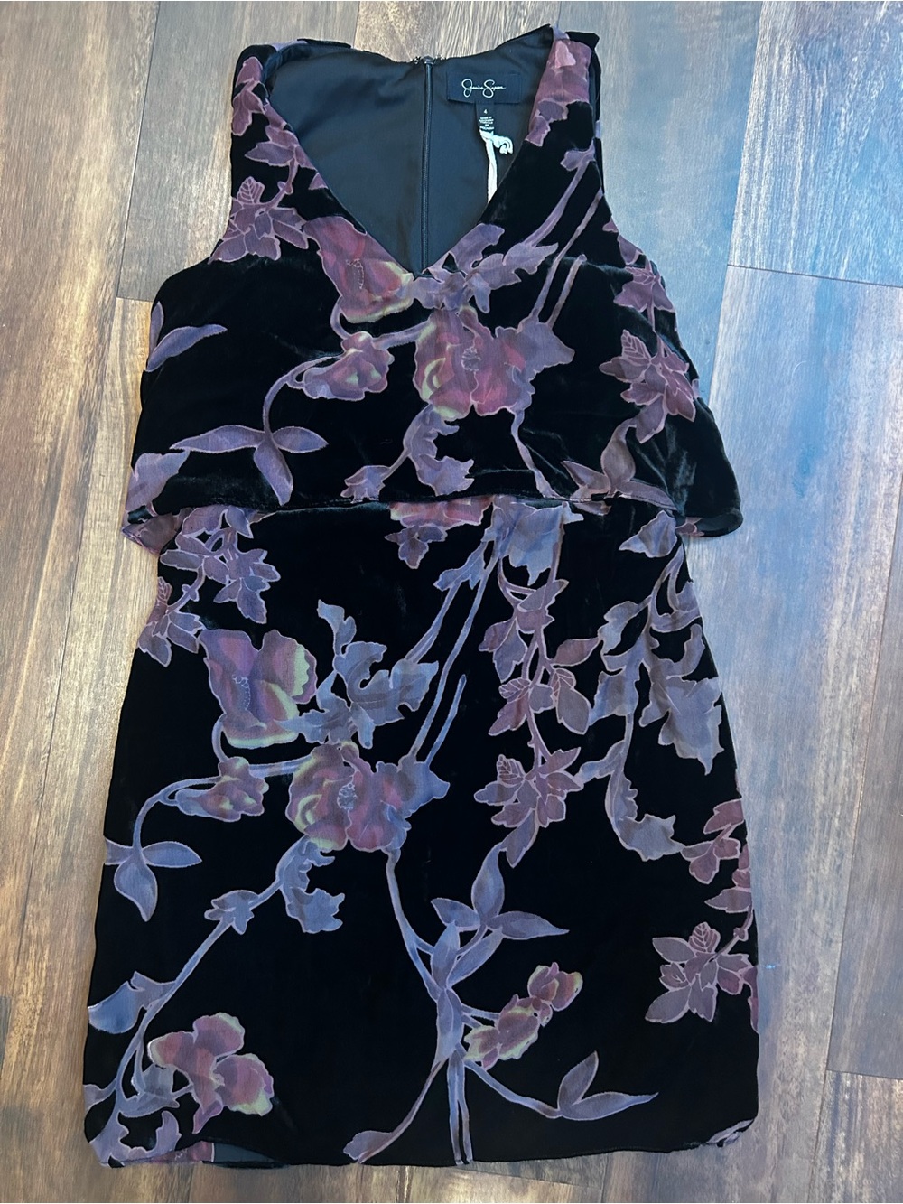 Jessica Simpson Black Velvet Mini Dress with Mauve Floral Burnout